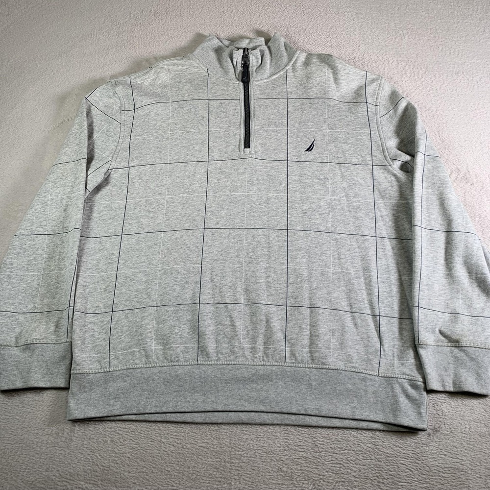 Vintage Nautica Sweatshirt Mens XL‎ Gray Plaid 1/4 Zip Fleece Pullover Mock Neck